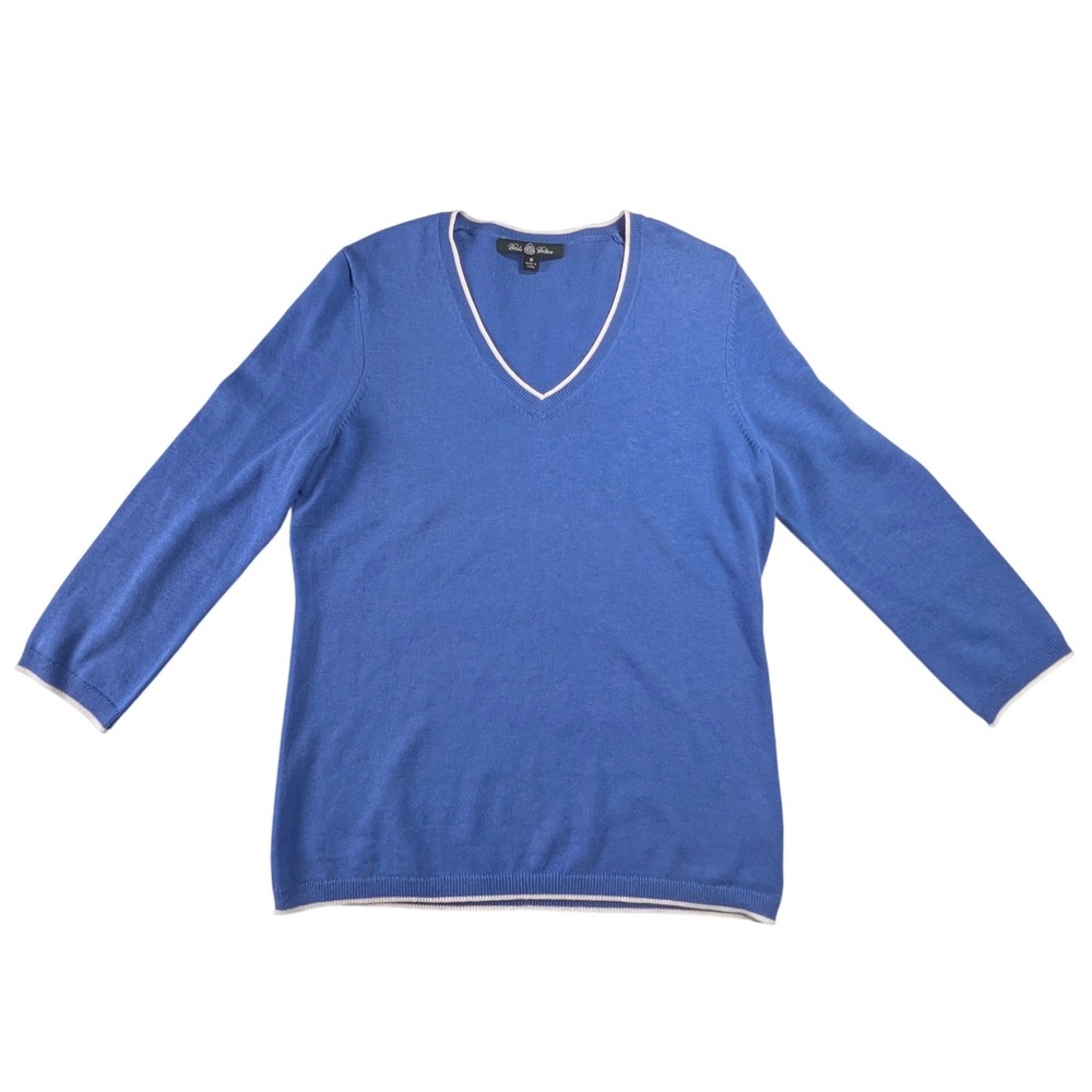 Brooks Brothers Sweater Womens M Blue V-Neck Cotton Cashmere Tipped Trim Preppy